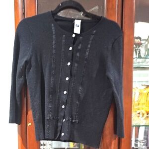 Gap Ribbed Satin Ribbons Lambswool Blend Cardigan Black Medium